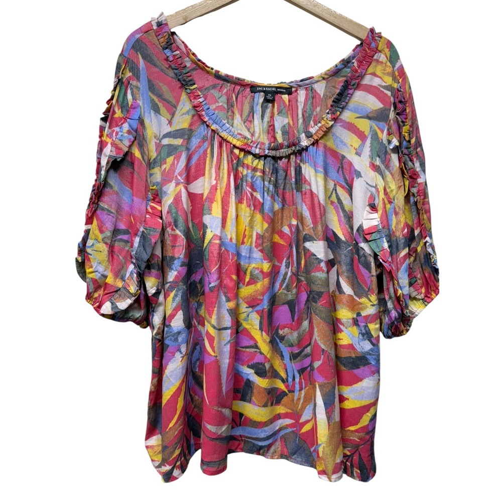 Zac & Rachel Womens 2X Top Colorful Puff‎ Sleeve Ruffle Tropical Lightweight